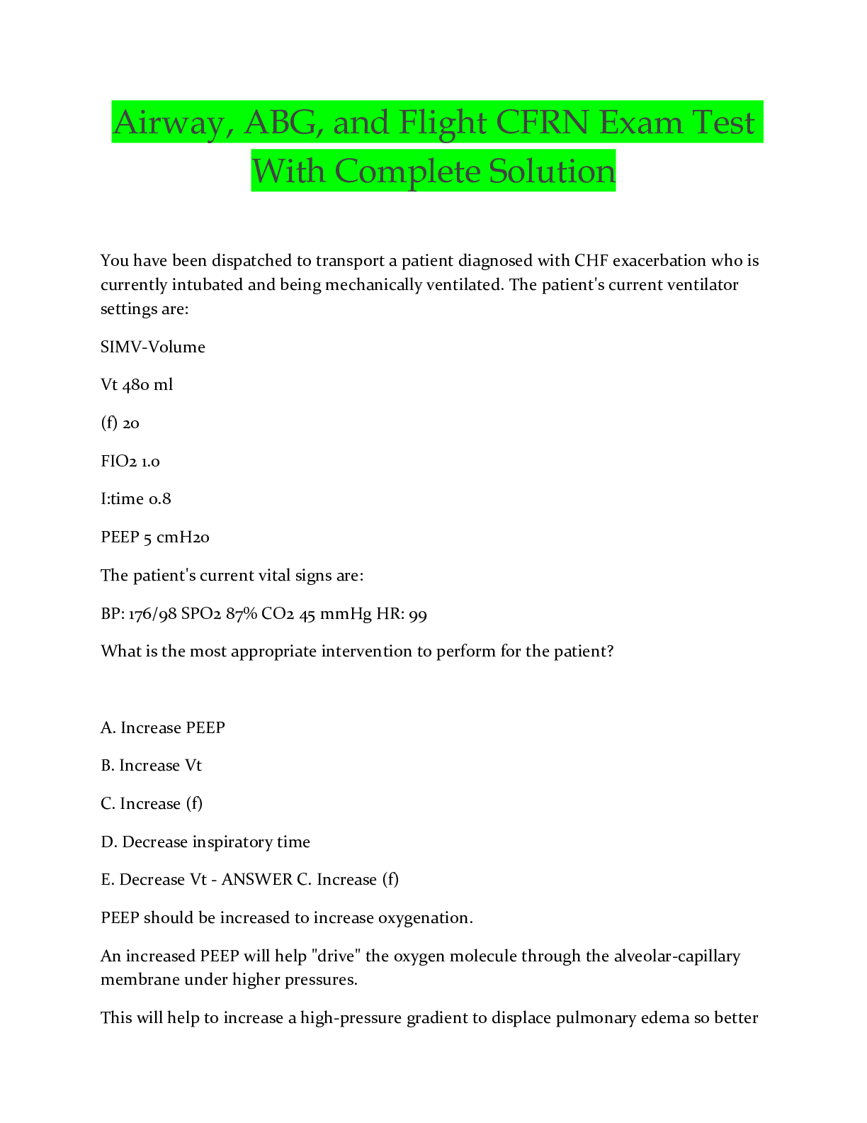 Preview image for Airway, ABG, and Flight CFRN Exam Test With Complete Solution